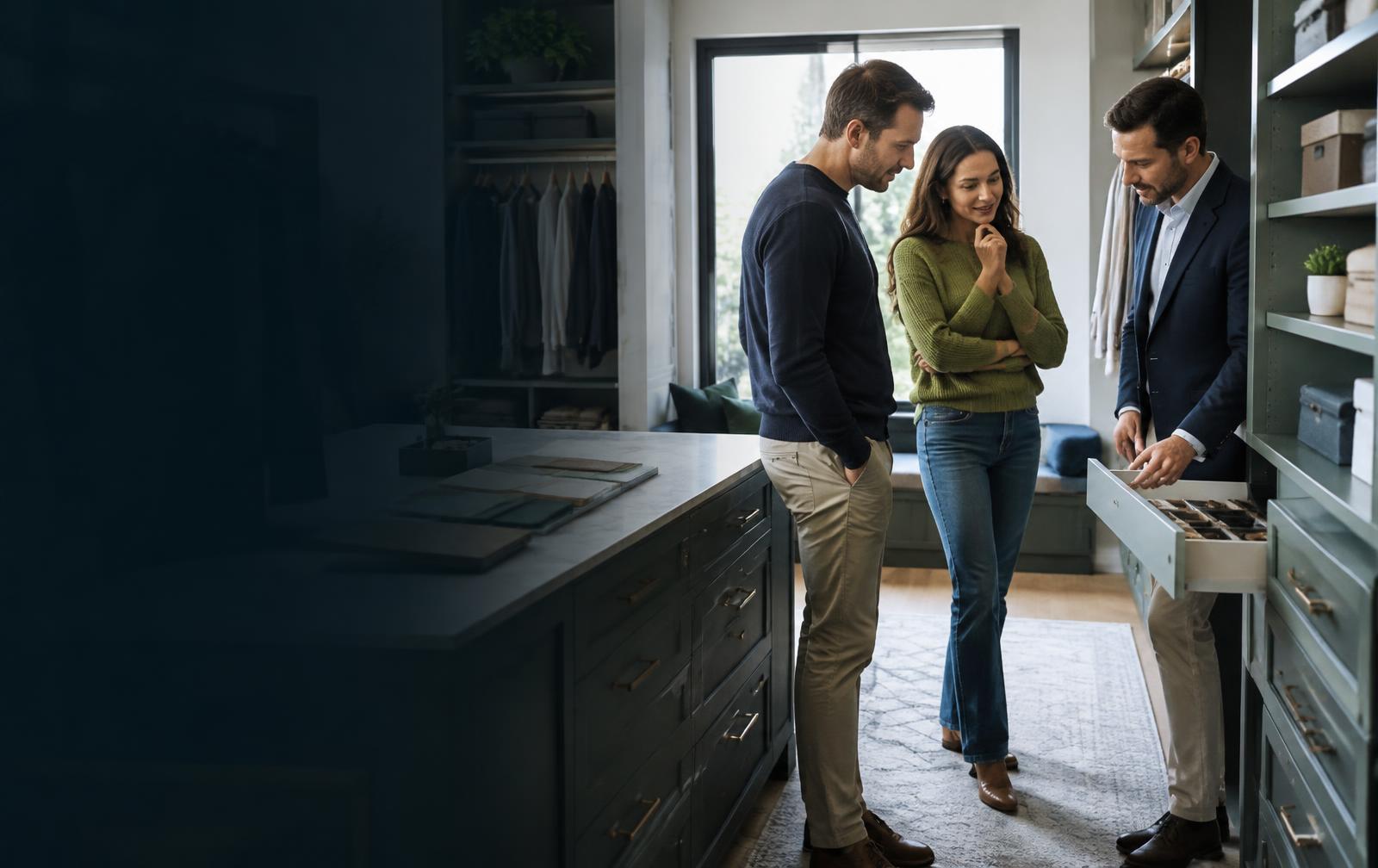 Custom closet designer consulting homeowners in a finished closet