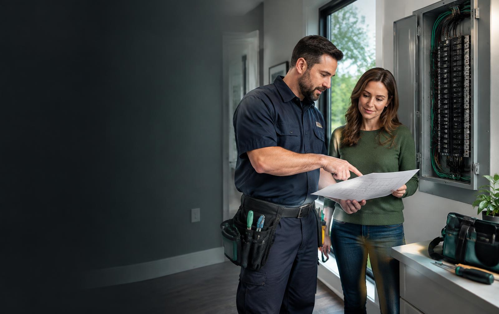 Electrician reviewing a residential electrical upgrade with a homeowner