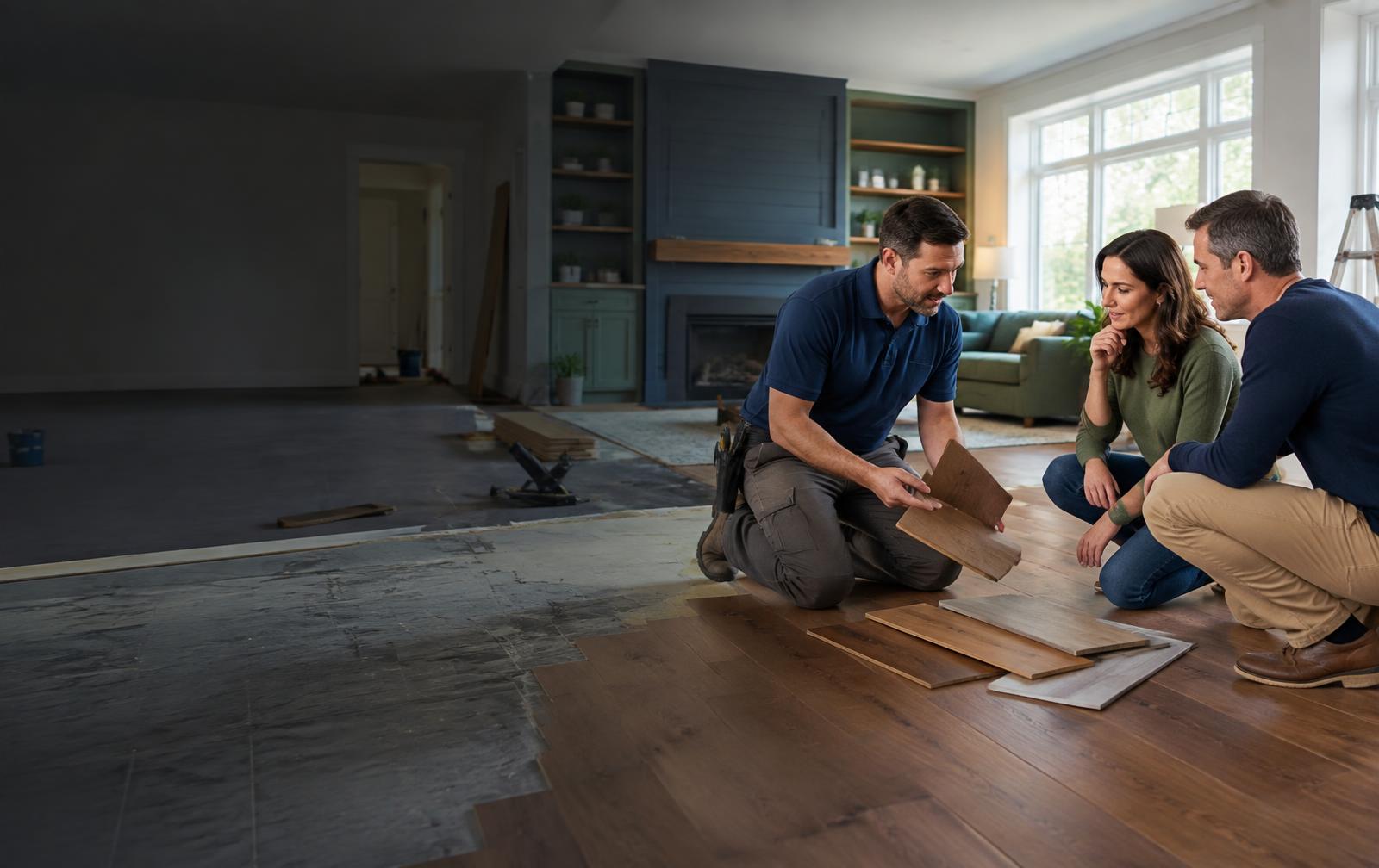 Flooring professional reviewing material samples with homeowners