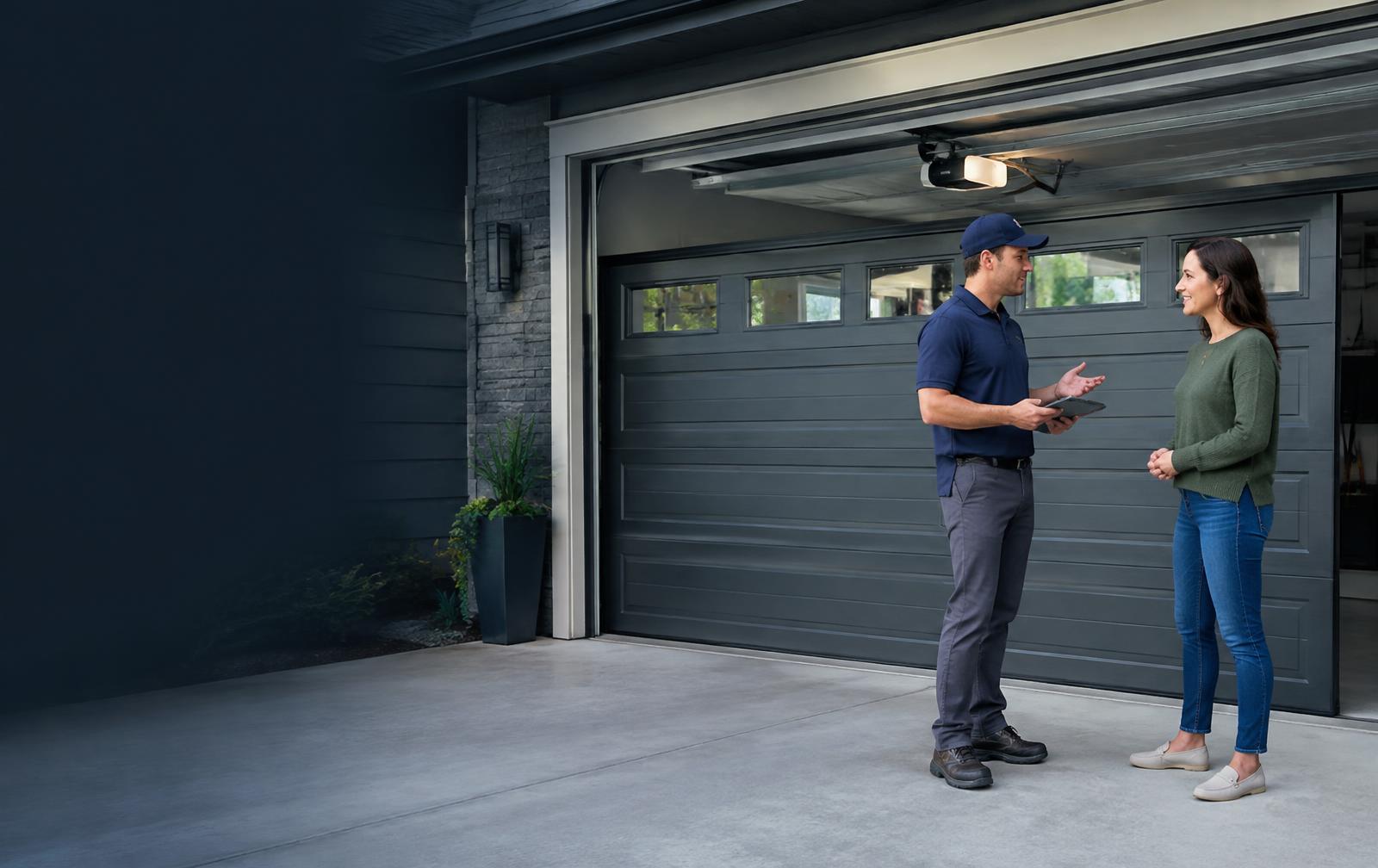 Garage door specialist consulting a homeowner beside a residential garage door