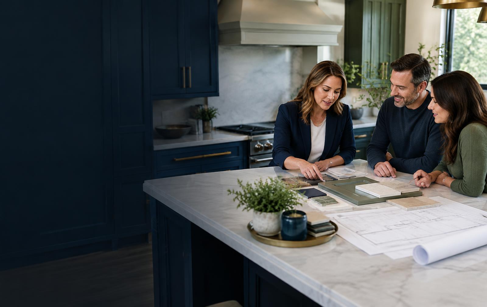 Kitchen and bath designer reviewing remodel selections with homeowners