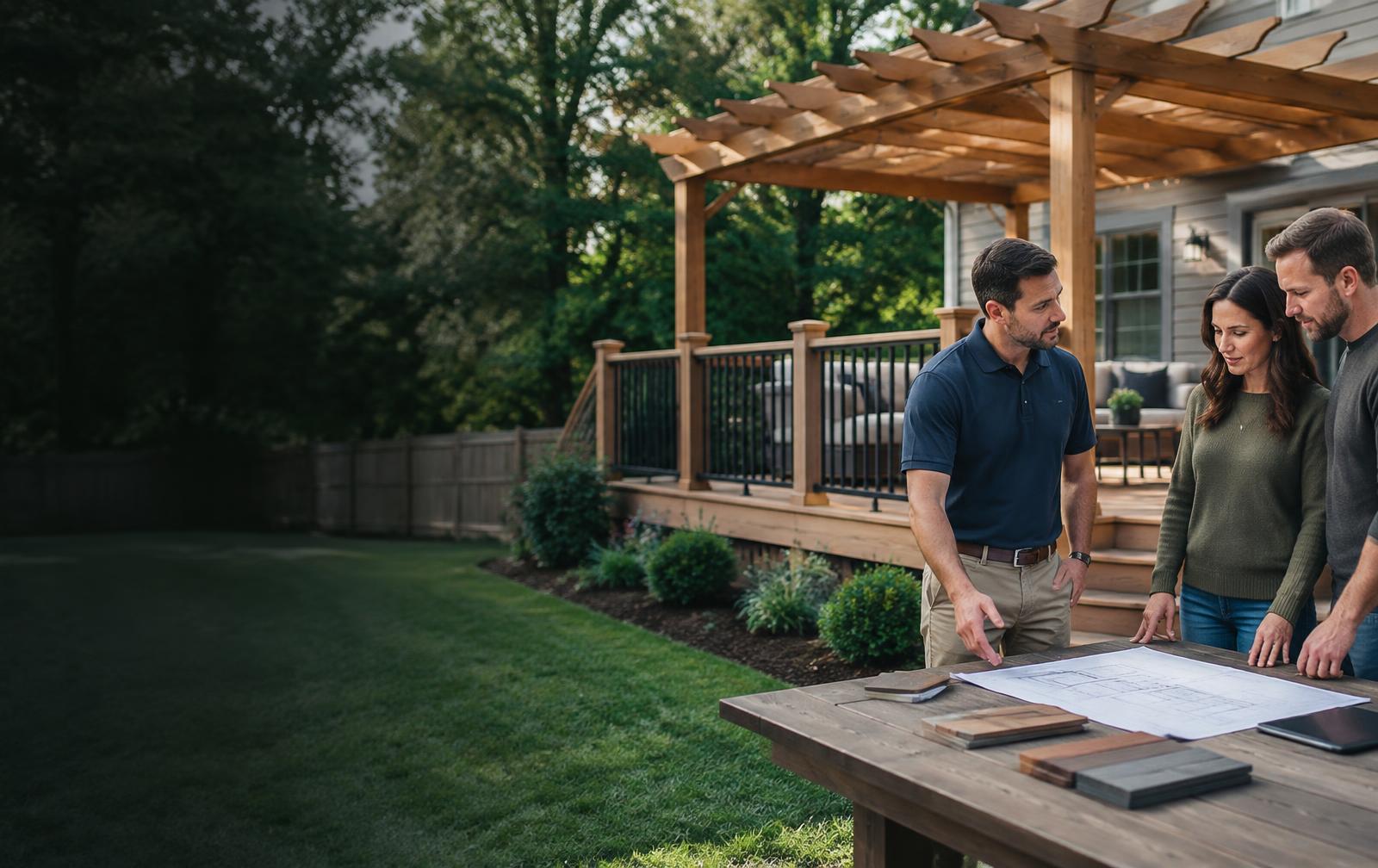 Outdoor living contractor reviewing a deck and patio project with homeowners