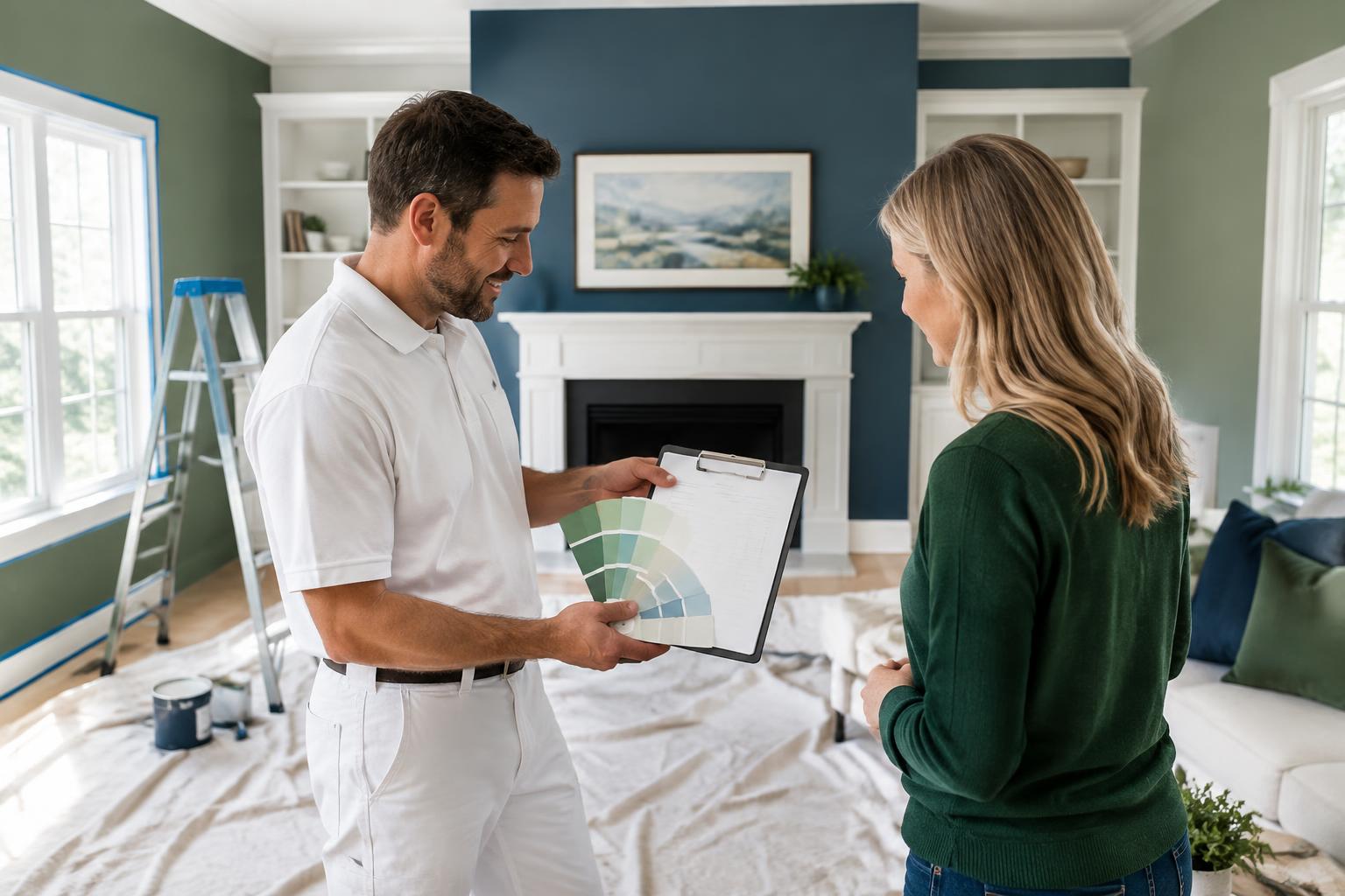 Painting contractor reviewing colors and an estimate with a homeowner