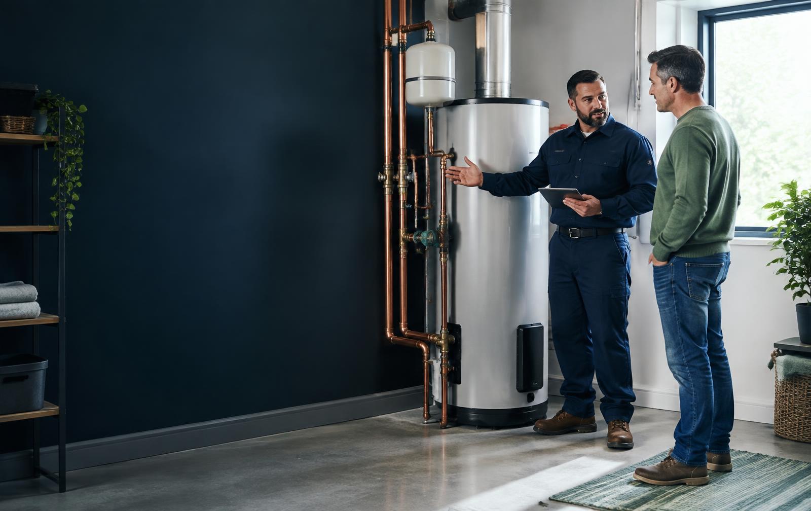 Plumber reviewing a residential plumbing upgrade with a homeowner
