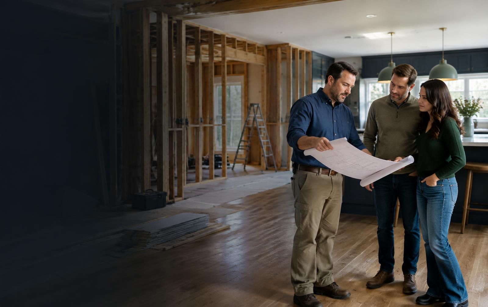 Remodeling contractor reviewing renovation plans with homeowners
