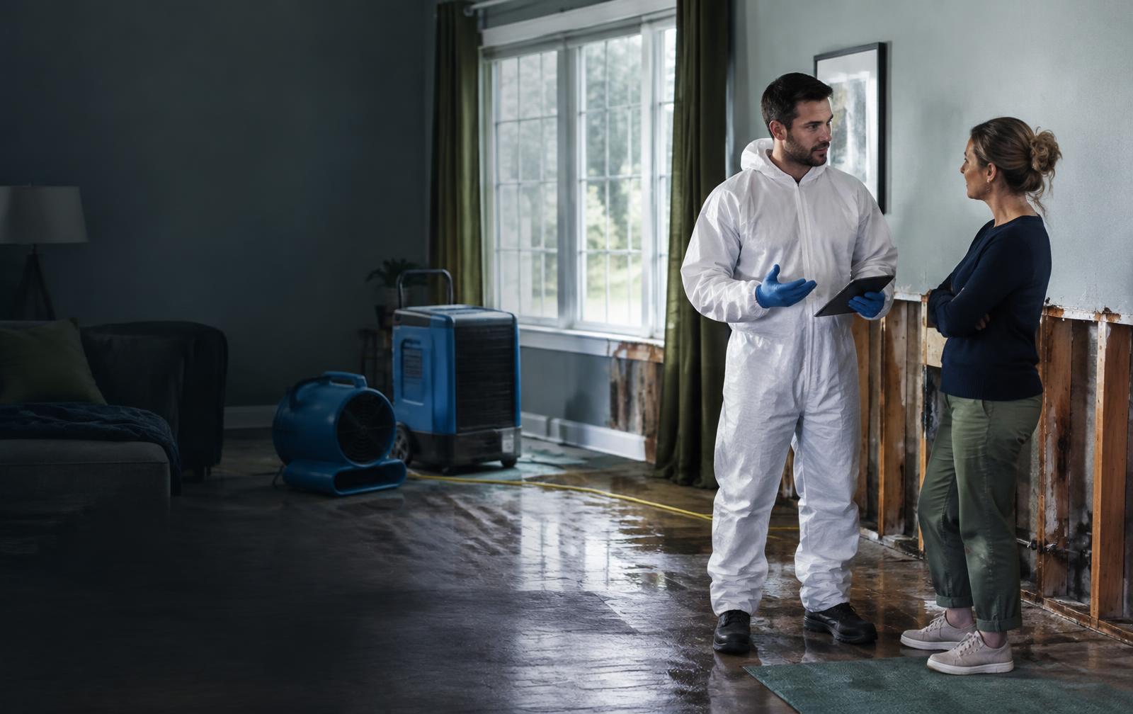 Restoration professional consulting a homeowner during a residential restoration project