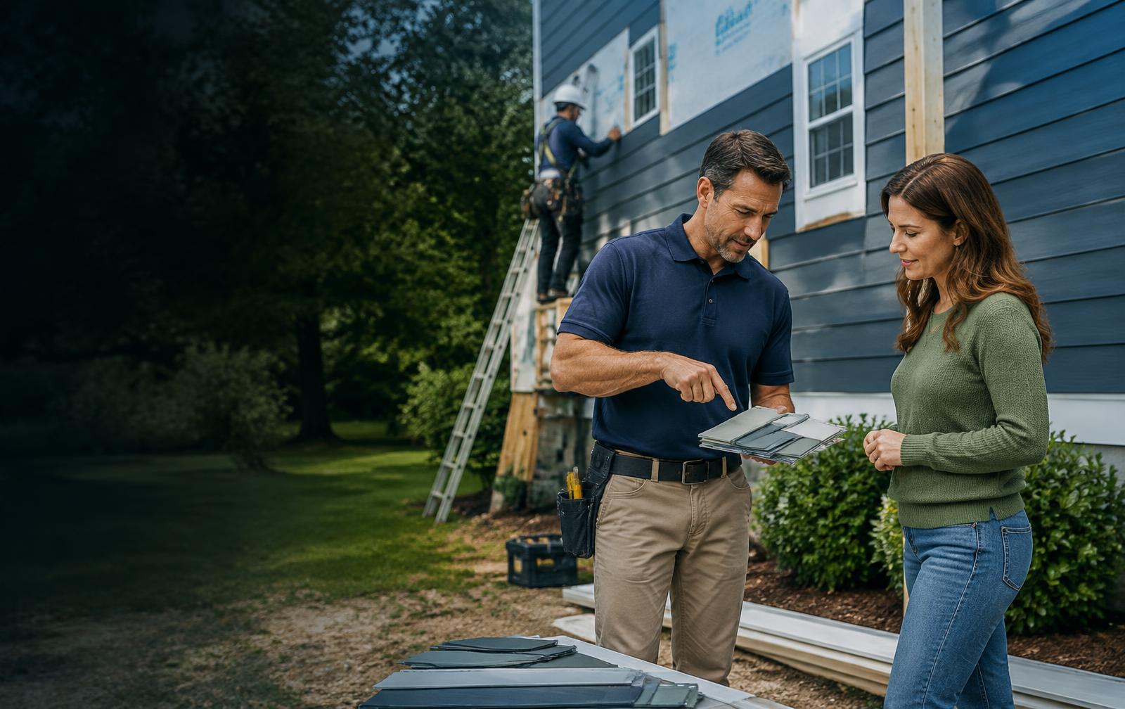 Siding contractor consulting a homeowner beside a siding project