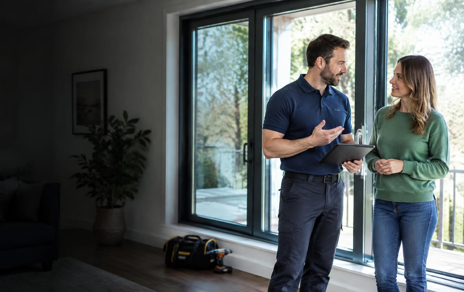 Window and door specialist consulting a homeowner